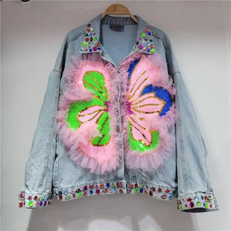 Embroidery Jacket Jeans - 2026 Spring Sequin Flower Women Blue