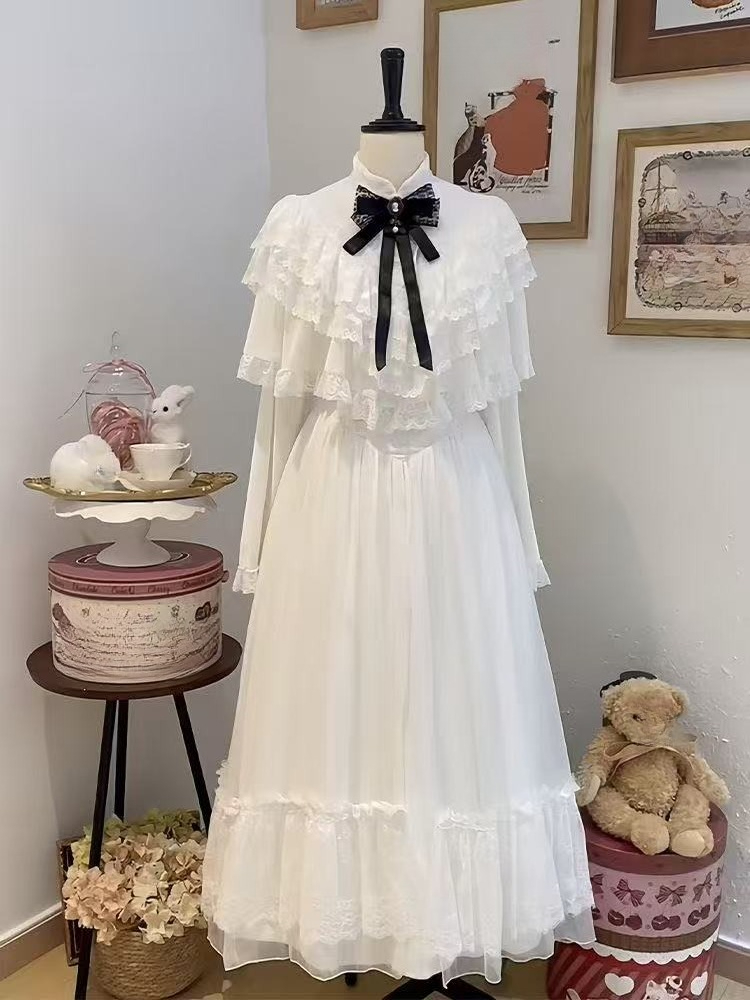 Embroidery White Dress - Japanese Short Sleeve Bow Lace Dress