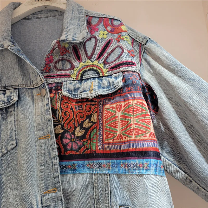 Embroidery Jacket Jeans - Vintage Blue Embroidery Spliced Denim Jacket