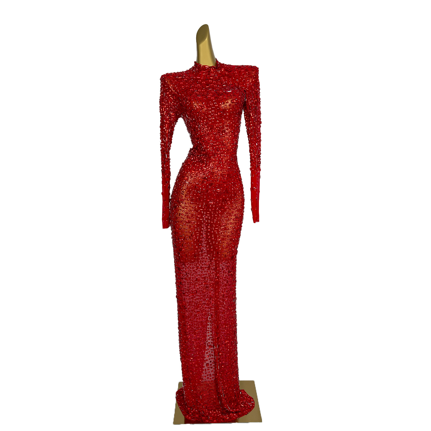 Embroidery Abaya - Red Diamonds Dress See Through Long