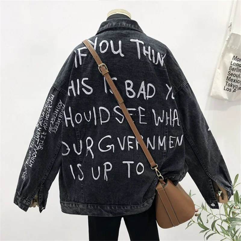 Autumn Korean Letter Embroider - Embroidery Jacket Jeans ulasan dan harga