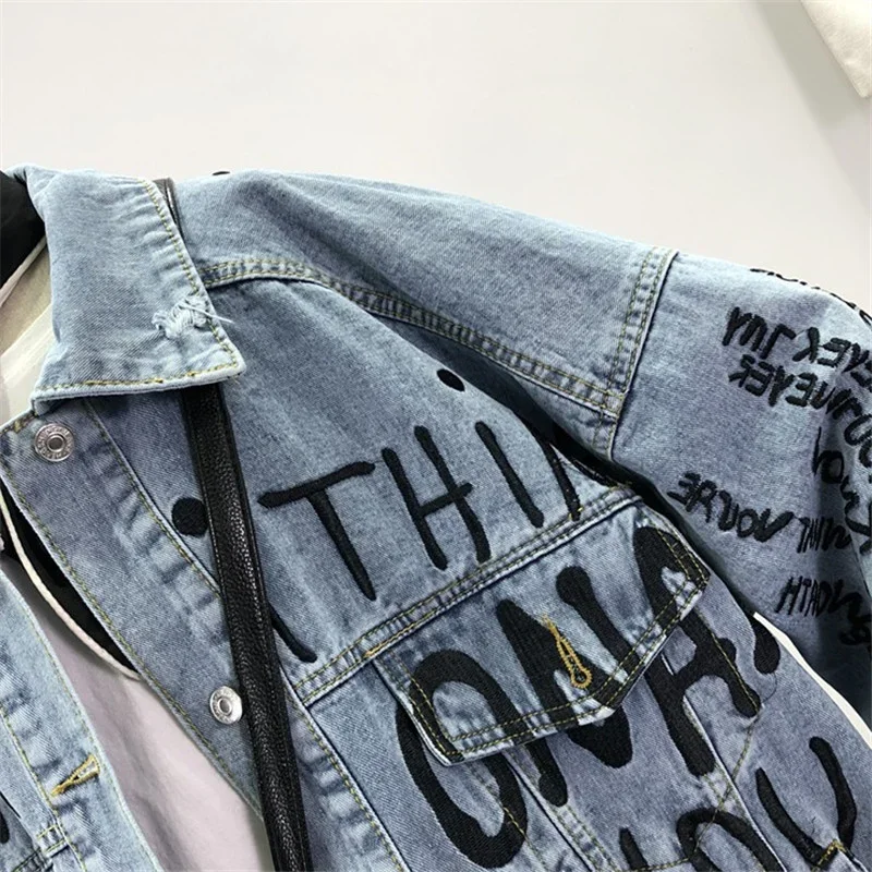 Autumn Korean Letter Embroider - Embroidery Jacket Jeans ulasan dan harga