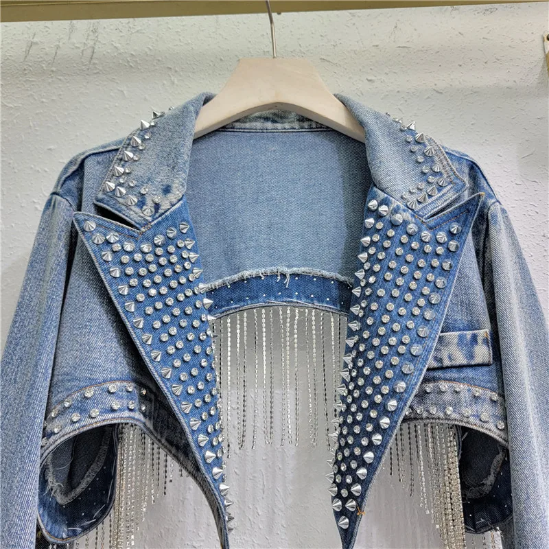 Rhinestone Beaded Tassels Rive - Embroidery Jacket Jeans ulasan dan harga