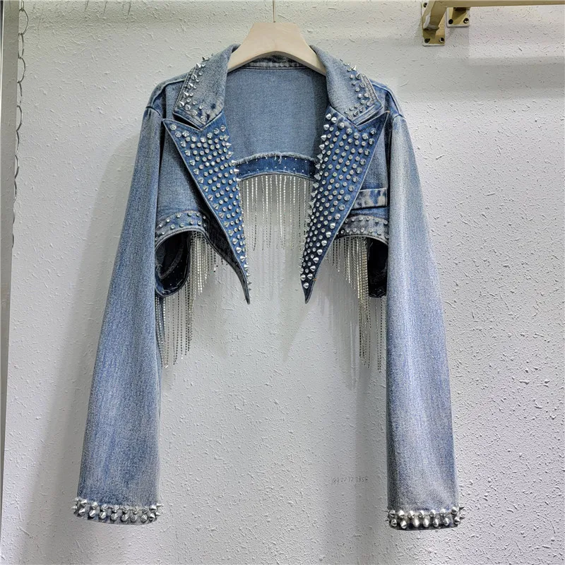 Rhinestone Beaded Tassels Rive - Embroidery Jacket Jeans ulasan dan harga