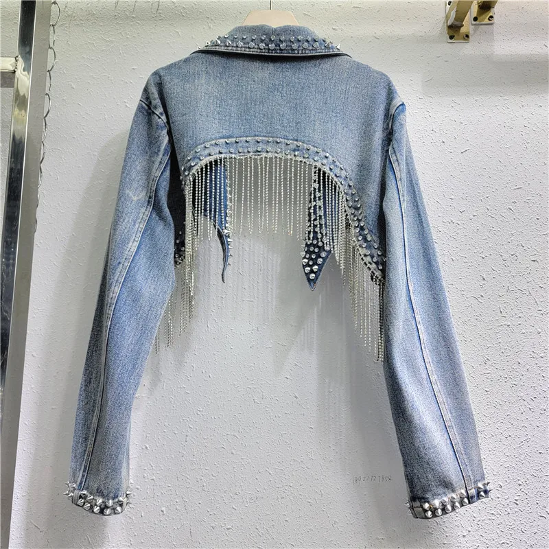 Rhinestone Beaded Tassels Rive - Embroidery Jacket Jeans ulasan dan harga