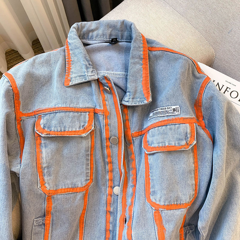 Retro Women Striped Graffiti C - Embroidery Jacket Jeans ulasan dan harga