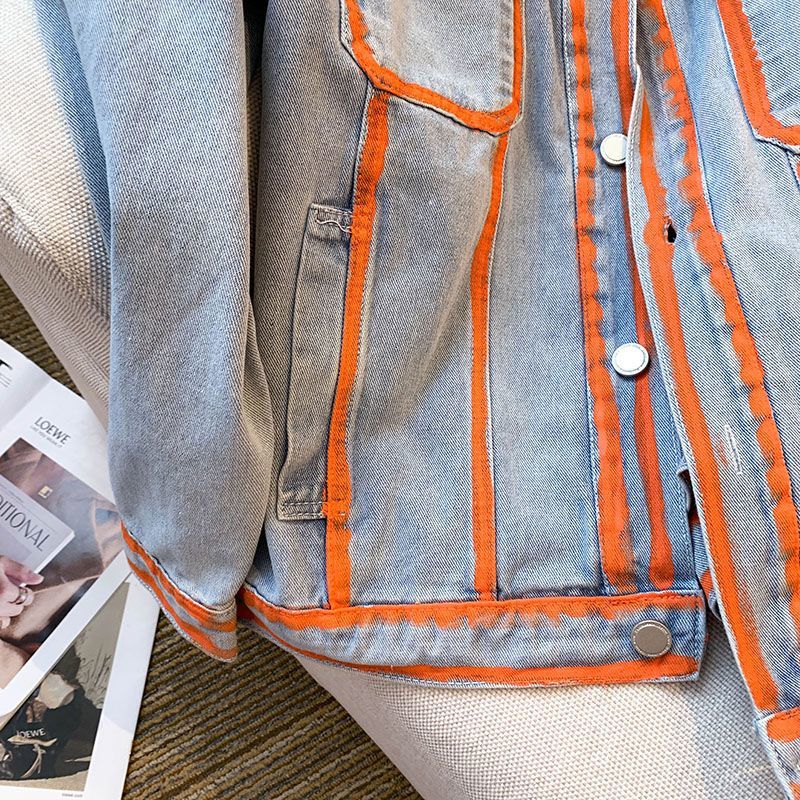 Retro Women Striped Graffiti C - Embroidery Jacket Jeans ulasan dan harga