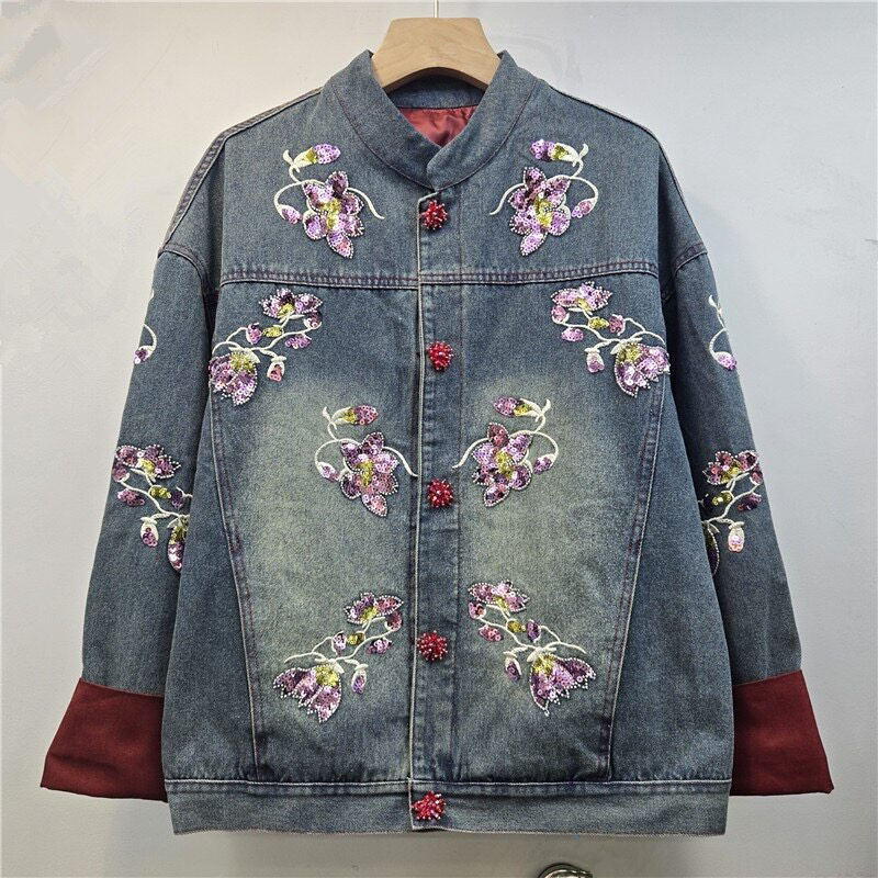 Heavy Work Sequins Flower Embr - Embroidery Jacket Jeans ulasan dan harga