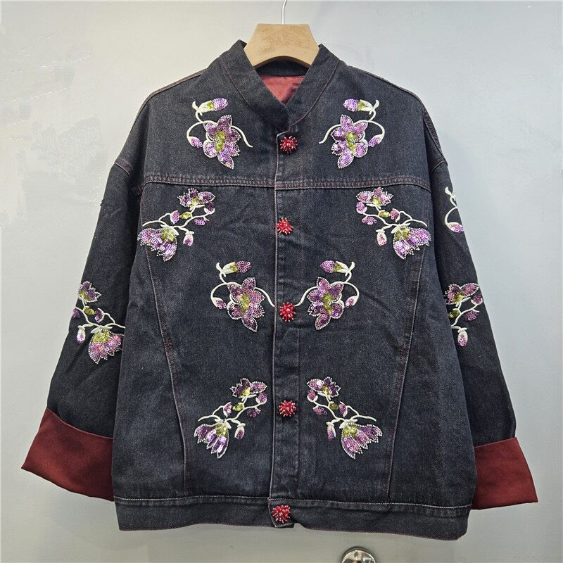 Heavy Work Sequins Flower Embr - Embroidery Jacket Jeans ulasan dan harga