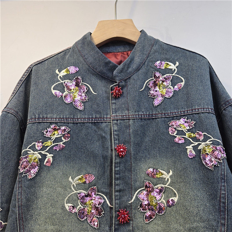 Heavy Work Sequins Flower Embr - Embroidery Jacket Jeans ulasan dan harga